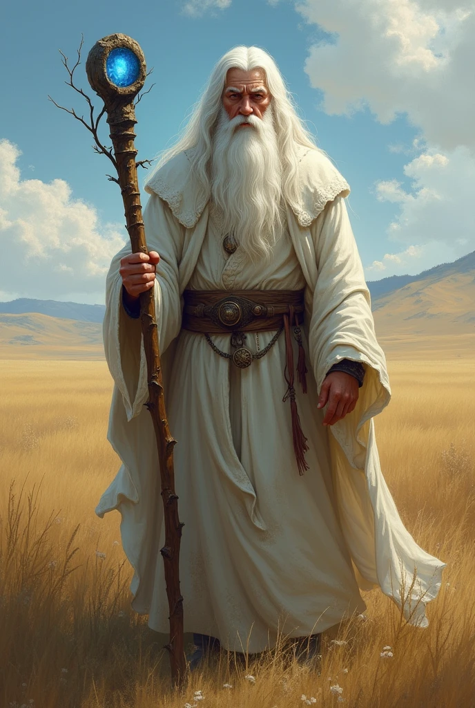 High Mage, strong appearance, older, straight white hair down to the shoulders, white beard down to the chest, dusty old white tunic, oak staff with blue stone on top, in the background prairie