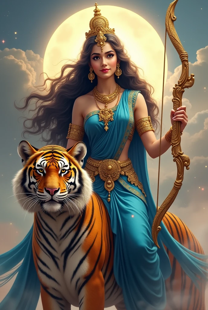 "Create an ultra-realistic image of the beautiful Goddess Chandraghanta, depicted in her divine form, wearing a royal blue saree with a matching royal blue blouse. The saree should be richly detailed with intricate gold embroidery, symbolizing her royal status and celestial power. Her skin should glow with a soft, radiant light, reflecting her divine nature. Her face should be serene yet powerful, with large, compassionate eyes that exude both grace and strength. A serene smile should adorn her face, conveying her peaceful nature and her commitment to the welfare of her devotees, she have extreme long hair, beautiful hair, long flowing hair, long wavy hair.

((((((There is a ((((((half moon)))))) on her tiara.))))))

She has only two hands.
In the right hand she is holding a majestic designed extreme big bow.
In the left hand she holds majestic big arrows.

She should be riding on an extremely large and powerful tigress, symbolizing her strength, courage, and readiness to protect her devotees. The tigress should have a fierce yet loyal expression, perfectly complementing the goddess's commanding presence.

The background should be a celestial landscape, with soft, glowing light that enhances the divine atmosphere. Elements like the moon and stars should be subtly incorporated to reflect her connection to the celestial realm. The overall image should capture the essence of Goddess Chandraghanta’s beauty, strength, and protective nature, presented in a highly realistic and detailed manner, with her mount emphasizing her power and readiness for battle."