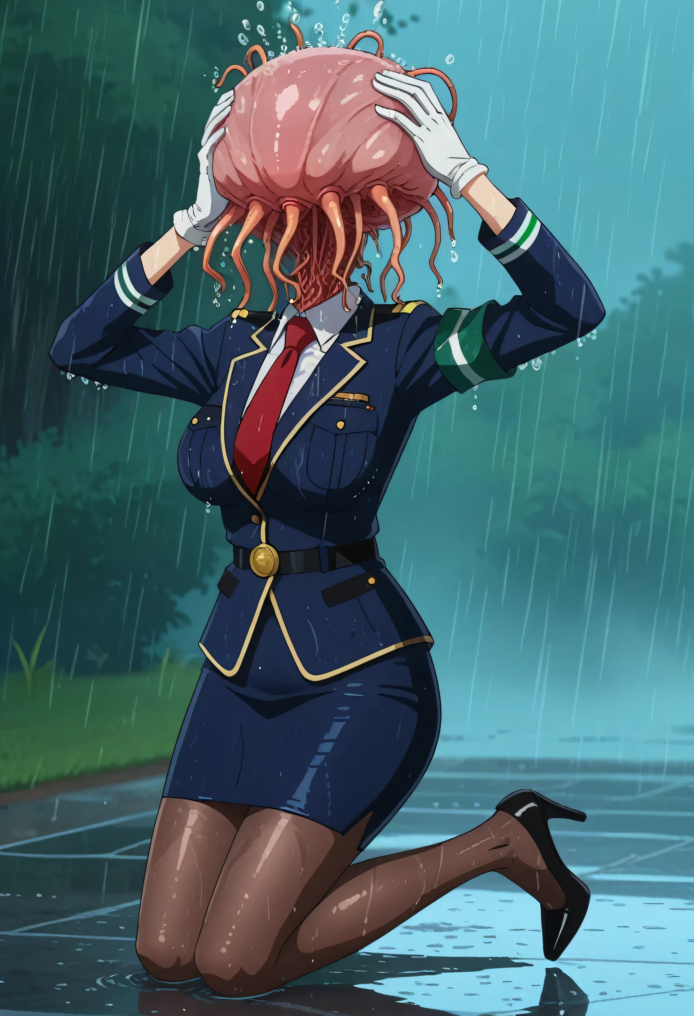 score_7_up, anime screencap,
1girl, solo, 
HarukaUniform, blue jacket, white shirt, red necktie, green armband, white gloves, pencil skirt, blue skirt, brown pantyhose, long sleeves, shiny clothing, thigh gap, cowboy shot, high heels, glossy clothing, drenched, soaked through
outside, raining, soaked, wet, wet clothing, pinup pose, sexy, water droplets, front side view, kneeling, struggling, hands trying to pull parasite off head, hands reaching up to head, panicking, off balance, suffocating, 1 girl, neaparasite, neasex, glowing, monster, headless