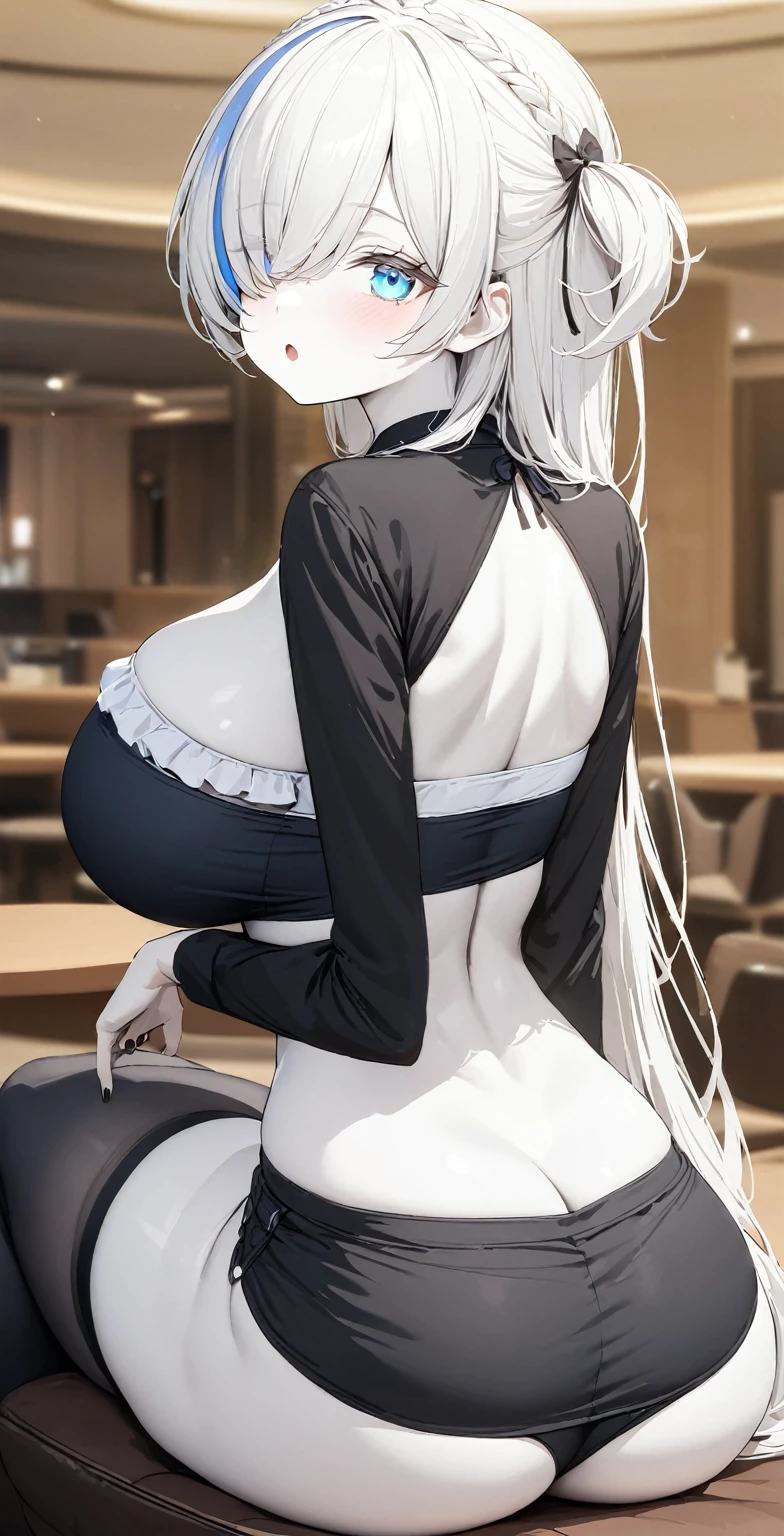 masterpiece, high quality, high detail, 4k, rtx, high resolution,1girl, blue_streaked_hair,hair_over_one_eye, blue_eyes,high detailed eyes, very long hair,braid,white hair_ornament,white skin,black nail_polish, solo,aged down,cute face,huge ass, huge breasts,((black clothes,ruffles bandeau top:1.3)),short shorts,lowleg,posterior cleavage, buttocks,(shrug_(clothing):1.2),thighhighs,thighs,: o,(back,from behind:1.2), indoor, hotel,sitting