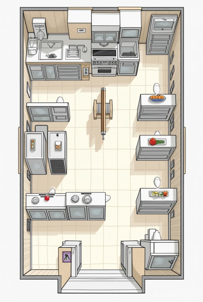 Kitchen layout planning
1. Receiving area
2. Storage area
3. Cooking area
4. Dishwashing area
5. Preparation area
6. Pantry area
7. Dispatching area
8. Washing area
9. Assembly area
10. Garbage/Disposal area