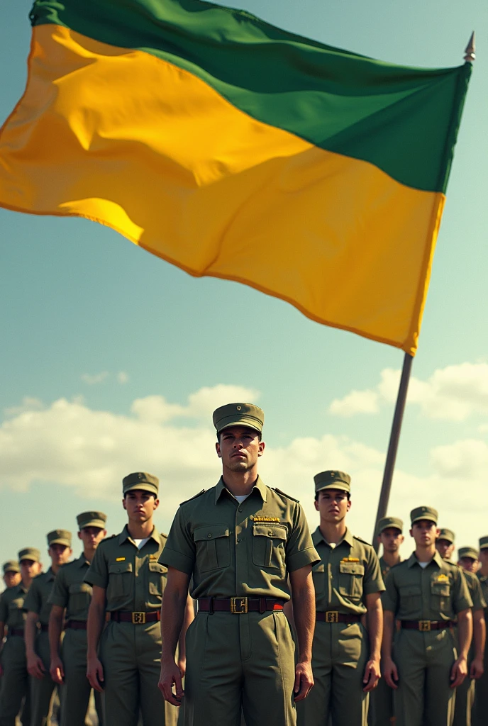 Create a photo that has yellow and 25% green color flag with soldiers in it and "Be a citizen, worth fighting for" should be written in the photo