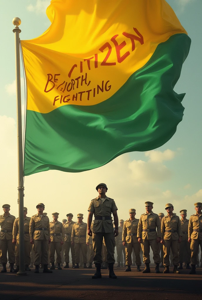 Create a photo that has yellow and 25% green color flag with soldiers in it and "Be a citizen, worth fighting for" should be written in the photo 