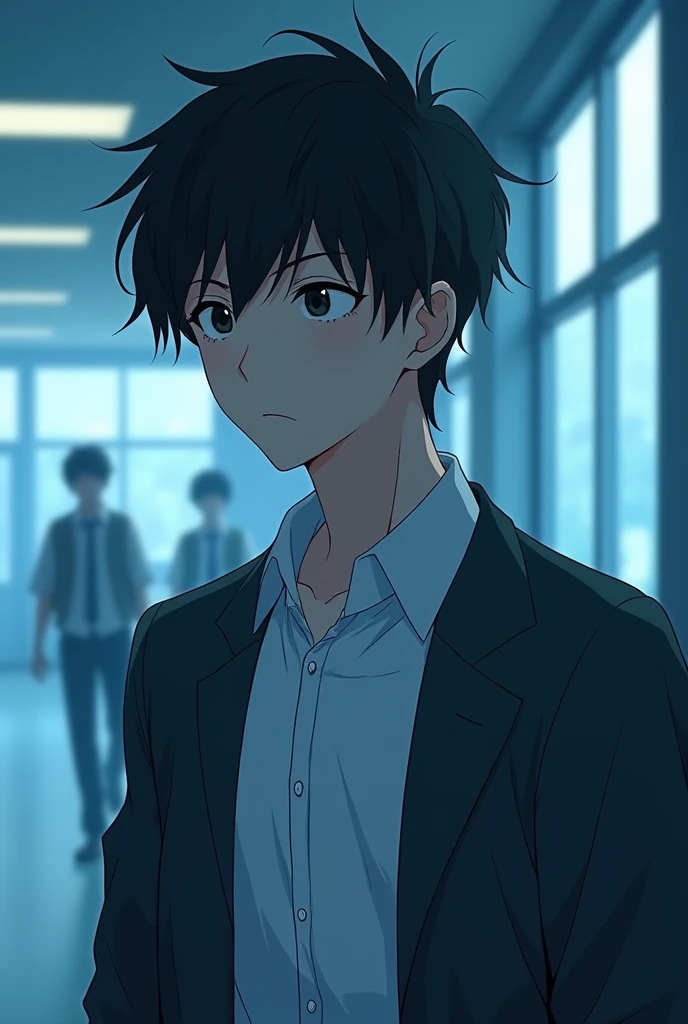 has short, messy black hair that tends to fall over his sharp, dark brown eyes, thoughtful look. His skin is fair, and he's of average height for 30 yrs old, with a lean build that suggests the awkwardness of adolescence, anime style, school atmosphere,blue palette, full body look, long distant shot school environment, side view, main character, tense situation, 30 yrs old, grown up