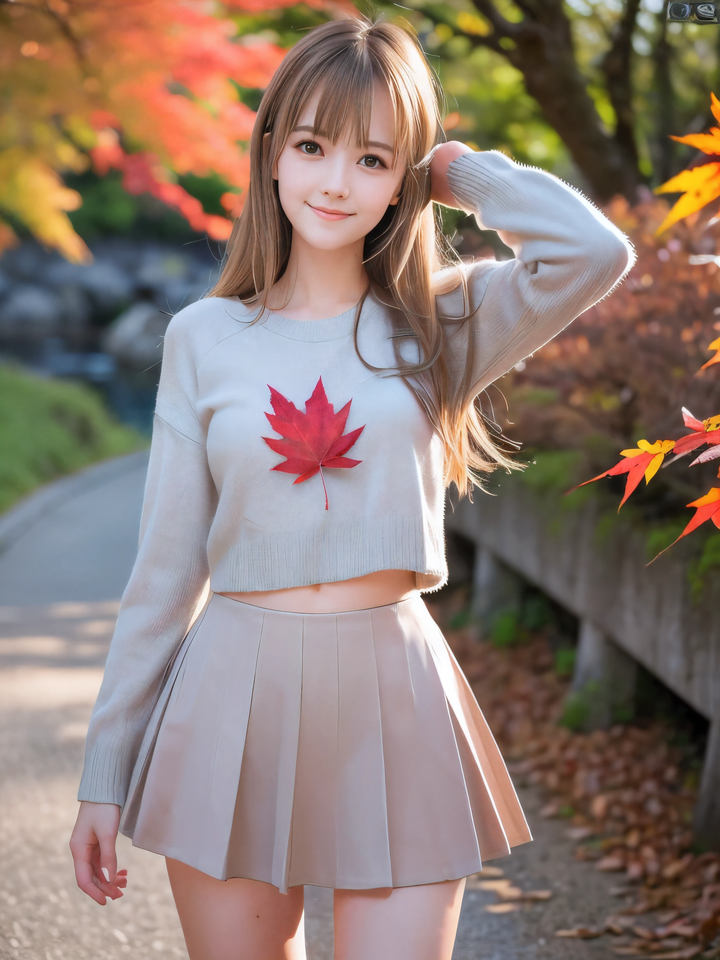 (Close up face shot of one slender small breasts half up blonde long hair with bangs girl in a long sleeves shirt and sweater and skirt:1.5)、(One blonde hair girl is dancing with small smile on the dart road near the lake and big waterfall in Japan:1.5)、(Beautiful autumn red leaves landscape:1.5)、(Natural light:1.5)、(8k ultra detailed master piece:1.5)、(perfect anatomy:1.5)、(Photorealistic stick:1.5)、(Raw photo:1.3)、(highest quality:1.5)、(High resolution:1.3)、(Delicate and beautiful perfect face:1.3)、(Delicate and beautiful eye air skin:1.3)、(Real Human Skin:1.3)、((thin legs))
