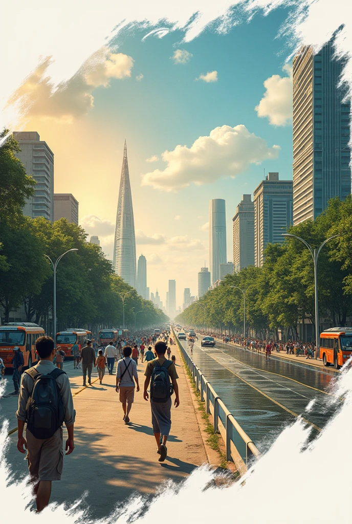 Image with developed indian city from 2050 future clean roads and happy people and then there is a brush stroke between the future india showing the present india with improper roads potholes crowded bus and paan stains