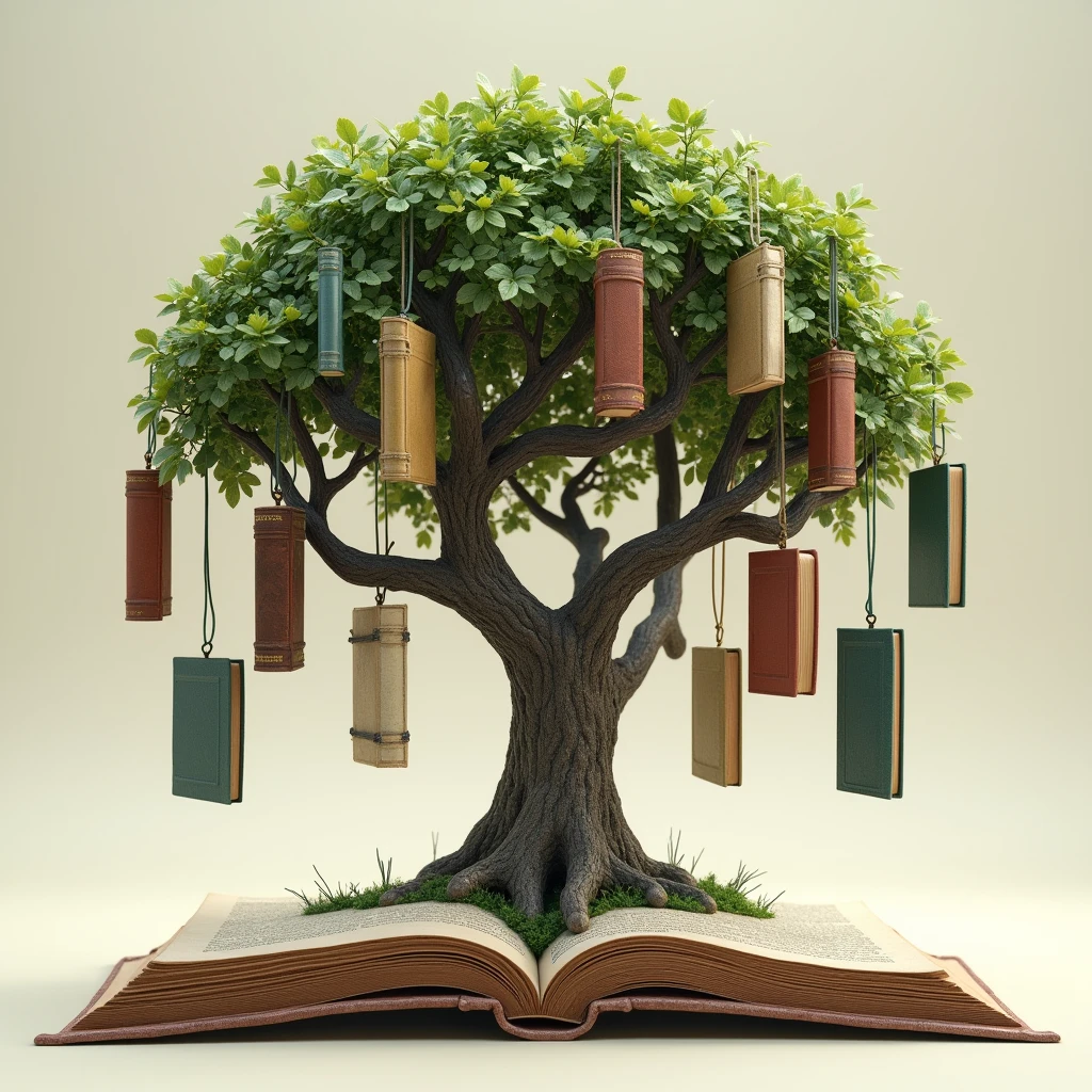 The design of a tree that comes out from the middle of the book and 30 books are hanging from that tree