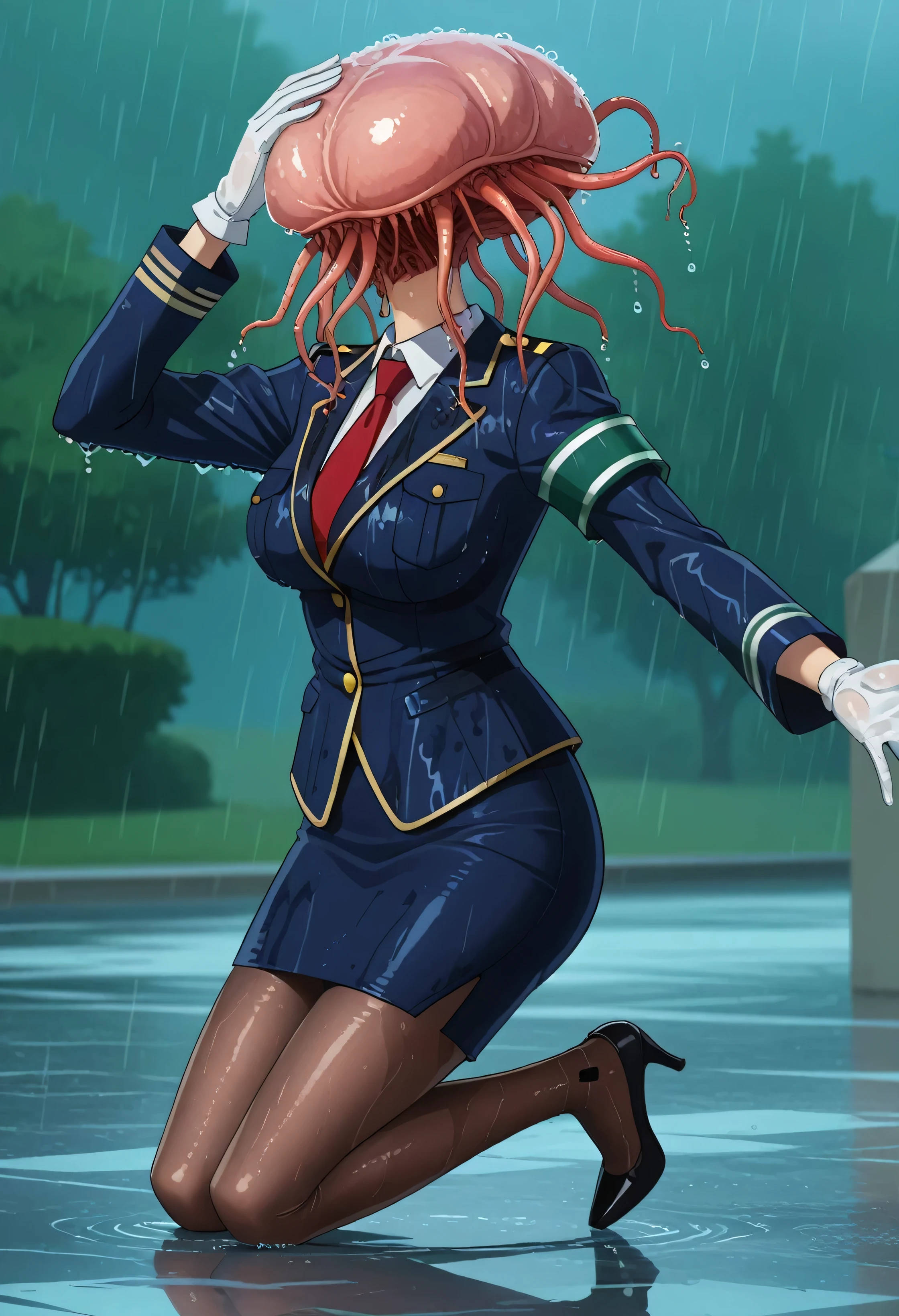 score_7_up, anime screencap,
1girl, solo, 
HarukaUniform, blue jacket, white shirt, red necktie, green armband, white gloves, pencil skirt, blue skirt, brown pantyhose, long sleeves, shiny clothing, thigh gap, cowboy shot, high heels, glossy clothing, drenched, soaked through
outside, raining, soaked, wet, wet clothing, pinup pose, sexy, water droplets, front side view, kneeling, struggling, hands trying to pull parasite off head, hands reaching up to head, panicking, off balance, suffocating, 1 girl, neaparasite, neasex, glowing, monster, headless