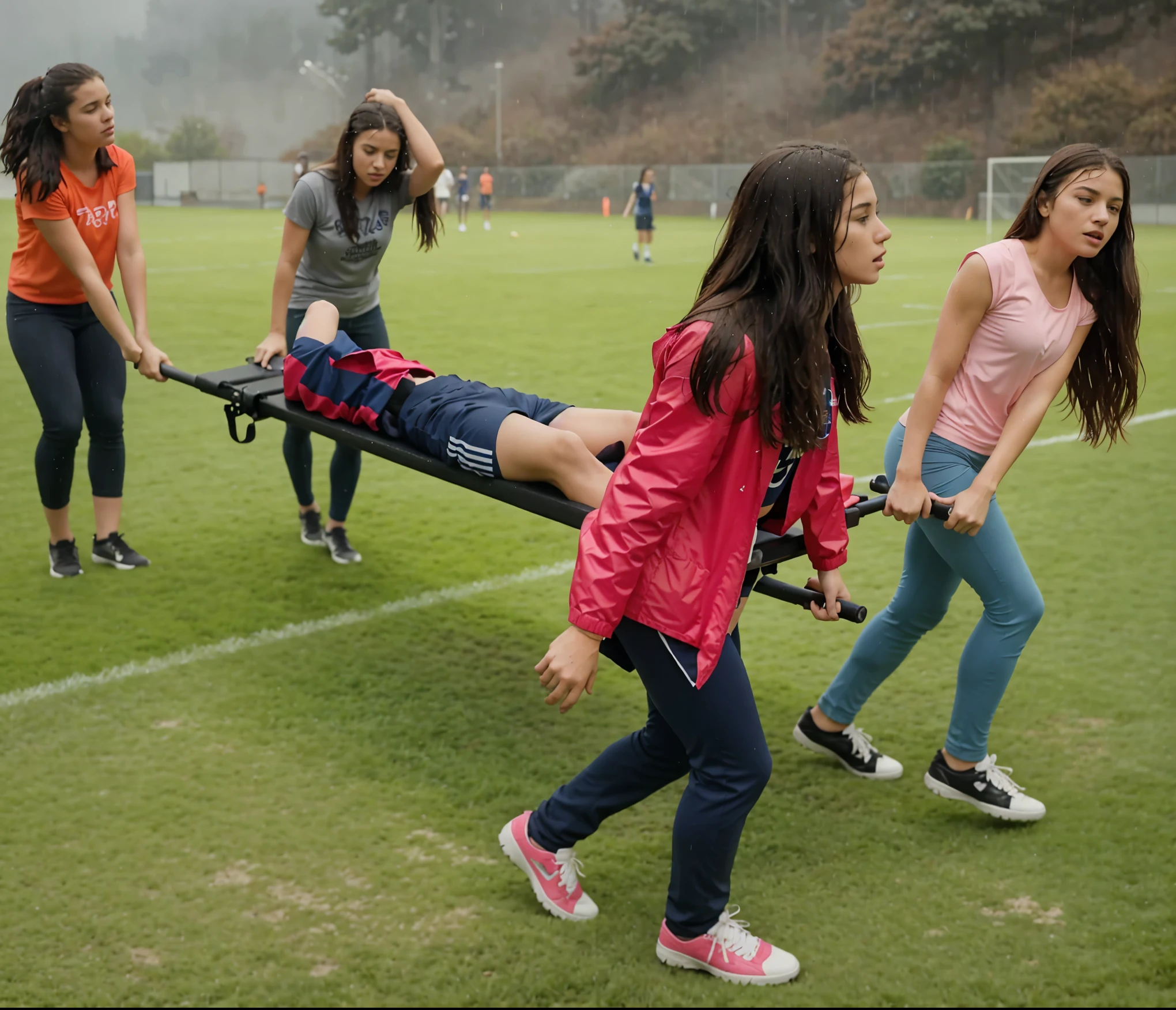 Create a scene at a soccer field where an injured male soccer player is being carried off the field on a stretcher by four young women. The player is wearing a blue and red soccer uniform, lying face-up on the stretcher, appearing in discomfort. The four girls are wearing casual clothing: one in a shiny bright pink rain jacket, another in an orange T-shirt, one in a gray T-shirt, and the last in a pink tank top. The girls show expressions of concern and determination as they carry the stretcher. The grass on the field is wet due to light rain falling, and there are players in the background, slightly blurred, observing the scene. The atmosphere feels tense and urgent, with the rain adding a dramatic effect