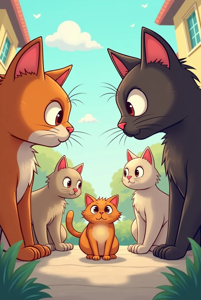 Create a cartoon type cute cat getting bullied by other strong cats