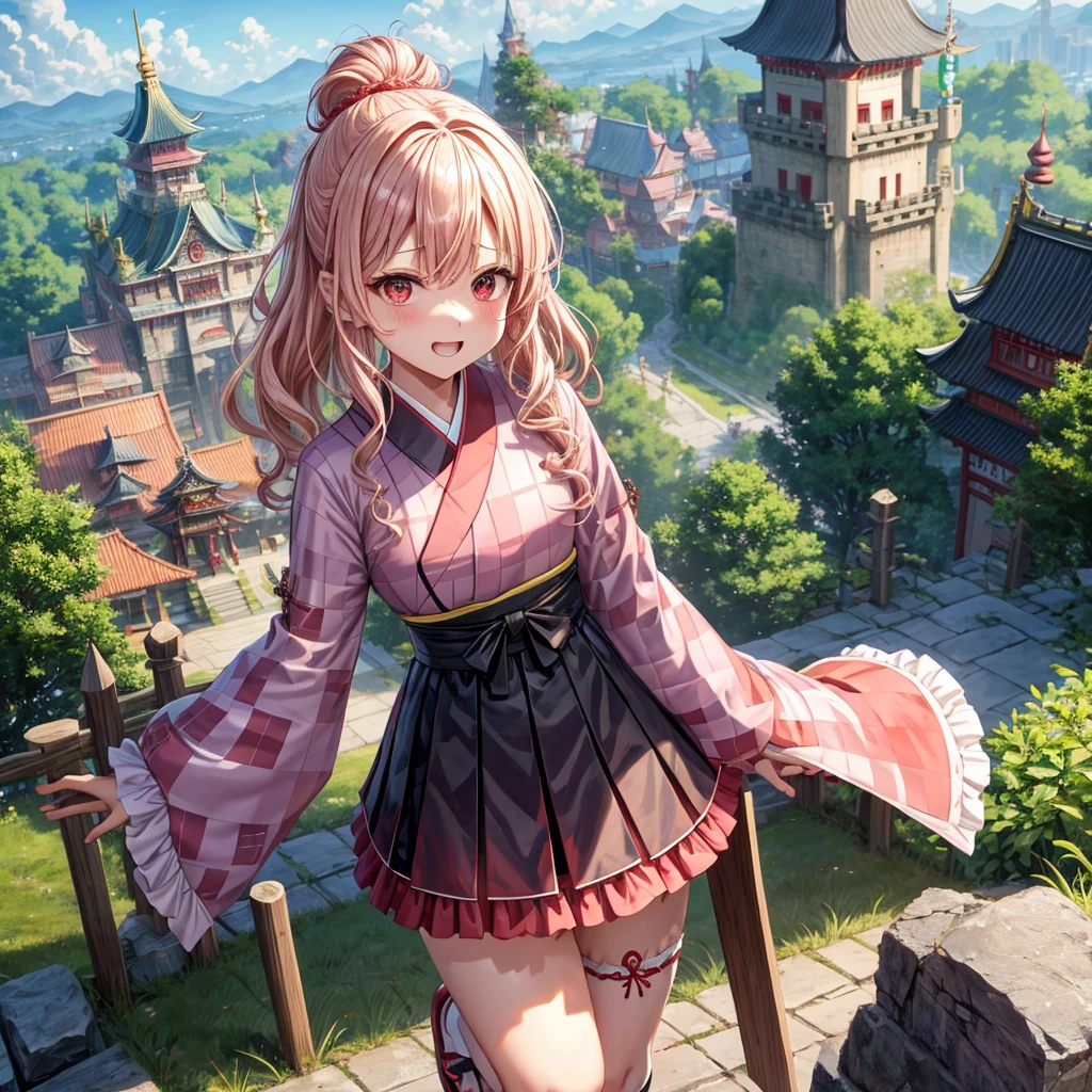 Pink Blonde、Red eyes、Wavy Hair、Hair tied up、Two cute、Checked mini skirt、black t-shirts、kimono、China、Frills、Knee-high socks、Teeth are visible、Monster Castle、Tilting face、grass、Stones are growing out of the ground.、In front of the city gates、Underground tunnels、Wooden bridge、The stone is cracked、Ashura Statue、Giant wood、Round、There is a step on the ground