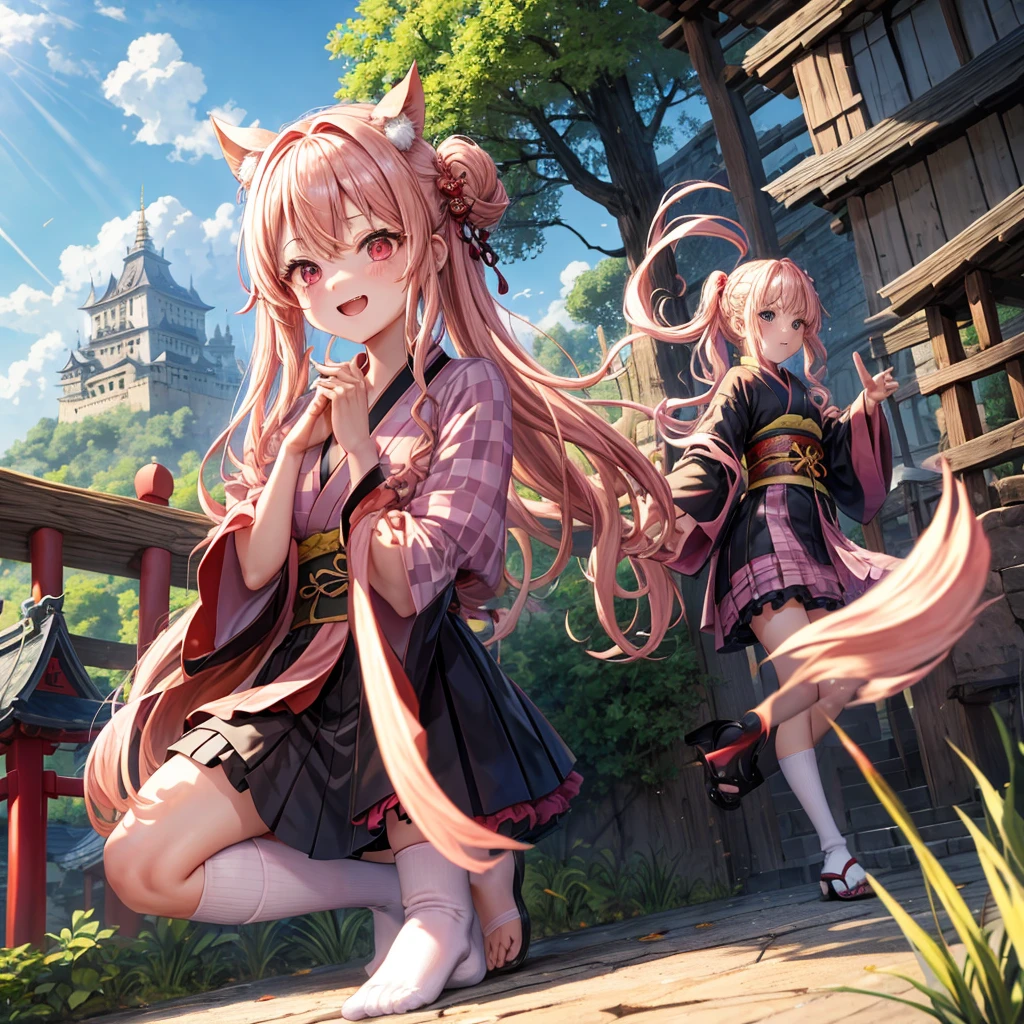 Pink Blonde、Red eyes、Wavy Hair、Hair tied up、Two cute、Checked mini skirt、black t-shirts、kimono、China、Frills、Knee-high socks、Teeth are visible、Monster Castle、Tilting face、grass、Stones are growing out of the ground.、In front of the city gates、Underground tunnels、Wooden bridge、The stone is cracked、Ashura Statue、Giant wood、Round、There is a step on the ground