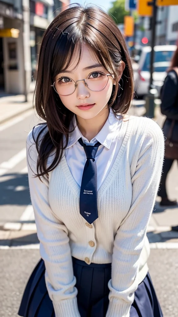 (masterpiece, Best Quality:1.2), 8K, 1 girl, 1 Japanese girl, 85 mm, Official art, Raw photo, Pretty Face, close up, face focus, cute Girl, Cinch waist, beauty thighs, soaking wet, sweat, medium breasts, white shirt, beige cardigan, blue tie, navy pleated skirt, large round glasses, standing, leaning forwards, on a street, Looking at Viewer, No makeup, (aroused, embarrassed, blush :1.2), Film grain, chromatic abberation, Sharp Focus, face lights, clear lighting, , Detailed face, Bokeh background