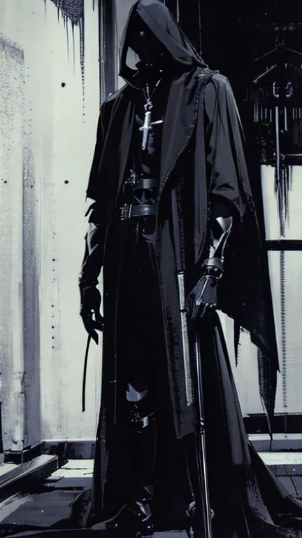 Black Hair、Cold look:1.5、Dark Background、night、whole photo、Black gloves、Ominous Machine Lifeform、Nihil、Half of his body is made of machinery、Mechanical Man:1.5、Modern clothing:、Creepy、Scary atmosphere、Long coat、basement、Dim lighting、Dark Shadows、Rosary of the Cross、religious、Satanism