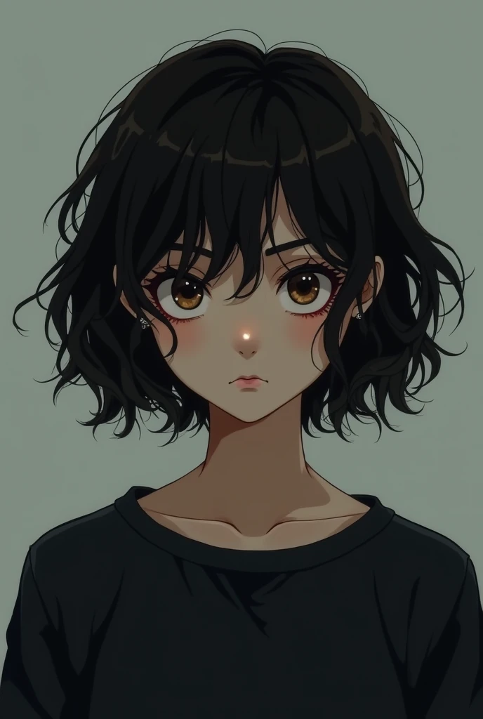 Asme a girl with somewhat short curly black hair (without earrings) with tired eyes and a lost look wearing a black sweatshirt (that she doesn't look like a girl with slightly more adult features)