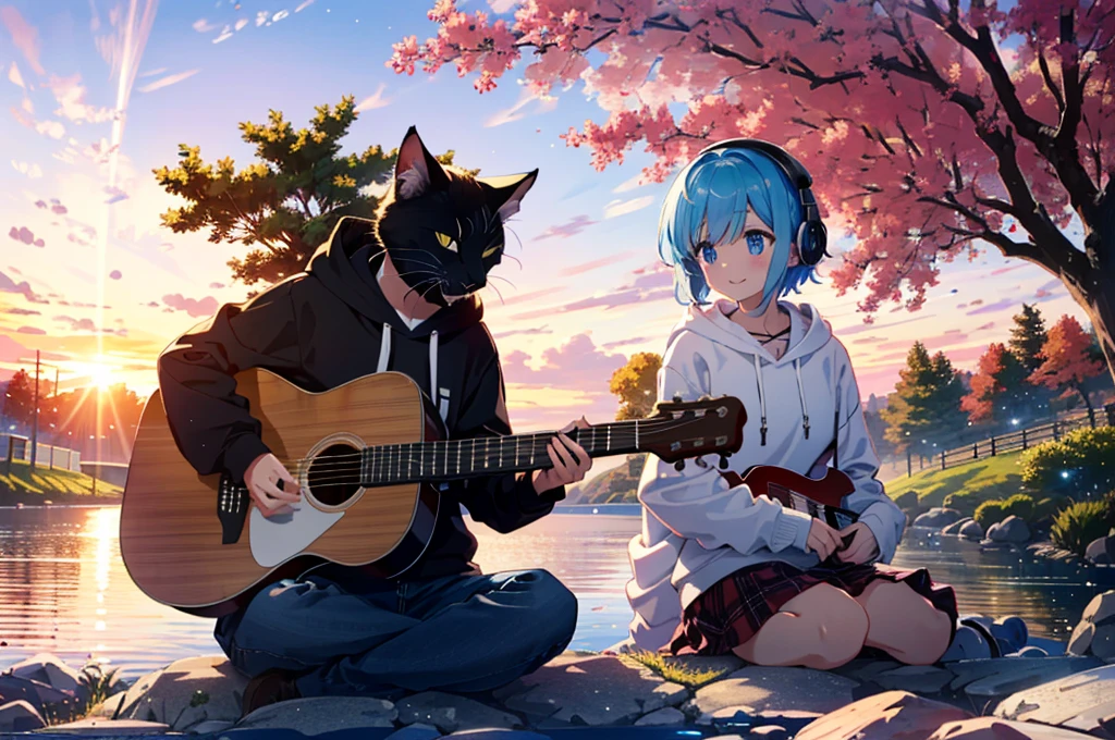 Absurd, High resolution,
relax time, Fantastical light particles, Lens flare,A big smile、Blue Hair、(Red headphones:1.4)、(White hoodie:1.2)、One girl、Sitting and playing guitar、(Wide angle of view:1.2)、(Shooting from a distance:1.2)、The river bank where the setting sun shines、One black cat、Cherry tree