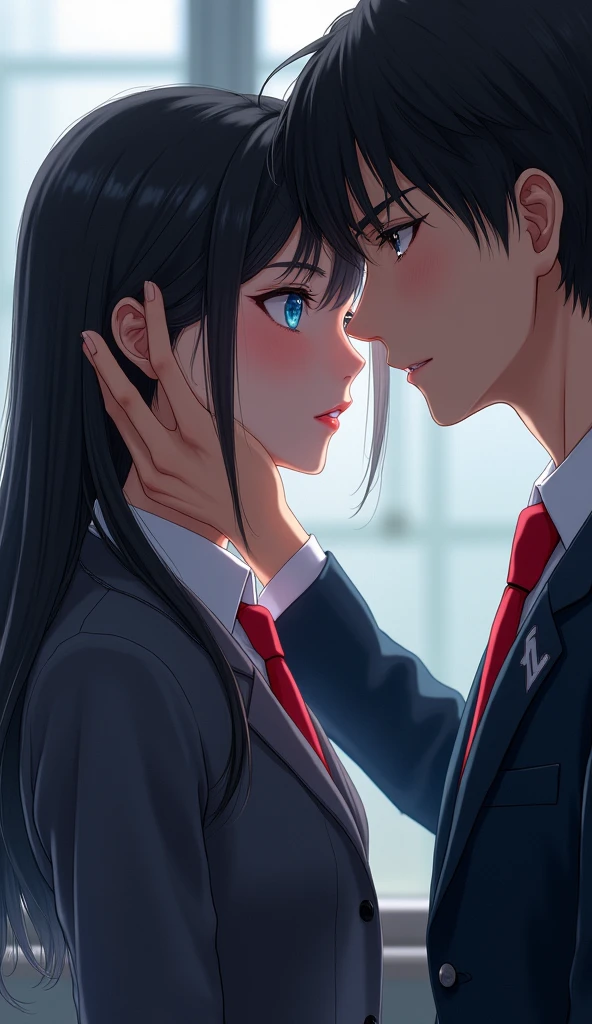 (32K:1.9, Realistic:1.9, Highest quality, masterpiece, Ultra-high resolution), Perfect dynamic composition, Highly detailed skin and facial textures:1.3, Detailed eyes, Detailed limbs, (Cute sexy slim Japanese schoolgirl, expensive、Skinny Japanese high school student), Fair skin, ((Clarity:1.1)), (Both men and women wear a blazer-type uniform and a red tie..。.), (Boy faces girl:1.5, The boy glued her left hand to the side of her face and towards the wall.:1.5), (smile:0.9, The girl completely charms the boy:0.9), (beautiful Blue Eyes, beautiful, Clear Eyes:0.8), The woman has long black hair, Sexy Face:0.4, blush:1.1, (beautifulエロティシズムを醸し出す雰囲気:0.8), Professional random camera work, Cinematic Lighting Effects, ((Full Body Shot)), ((Too erotic:0.9)) , romantic, mysterious, Object of admiration, original, dramatic, artistic, Innovative, charm, Heartful, Fancy, Tilt, sense of loss, special, exciting, Extreme, sense of openness, joy, joyの表現, ((若さのcharm, 女性的なcharm))