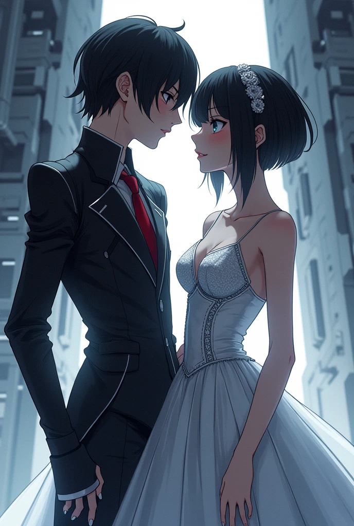 Sanakan and Cibo from Blame! Manga in a wedding dress), (sci-fi theme) suit black hair, dress striking silver hair, Futuristic atmosphere of the outfit A soft but bright light shines from above. Intimate and romantic atmosphere Highly detailed, exceptionally detailed, cinematic quality, emotionally charged scenes. Eyes staring at each other