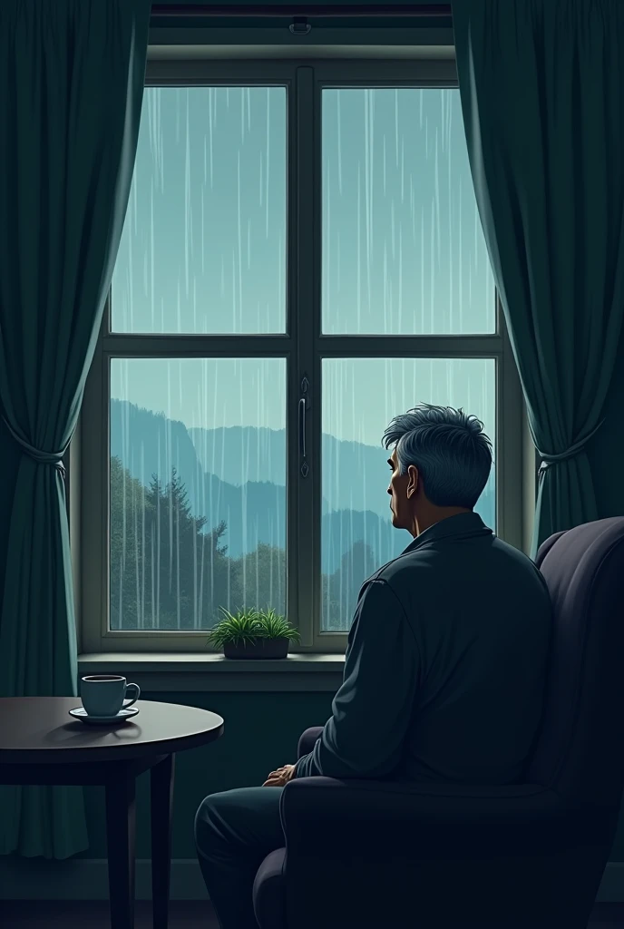 A cartoon of a man sitting by the window, looking at the rain, lonely, in a dark and gloomy atmosphere.