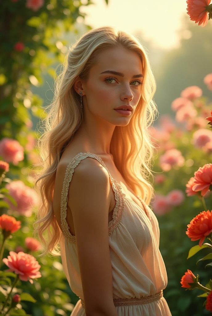 a beautiful young woman with long blonde hair, green eyes, full lips, glowing skin, slender figure, elegant dress, graceful pose, standing in a serene flower garden, sunlight streaming through, vibrant colors, lush foliage, (best quality,4k,8k,highres,masterpiece:1.2),ultra-detailed,(realistic,photorealistic,photo-realistic:1.37),superb lighting,exquisite detail,cinematic composition,ethereal atmosphere