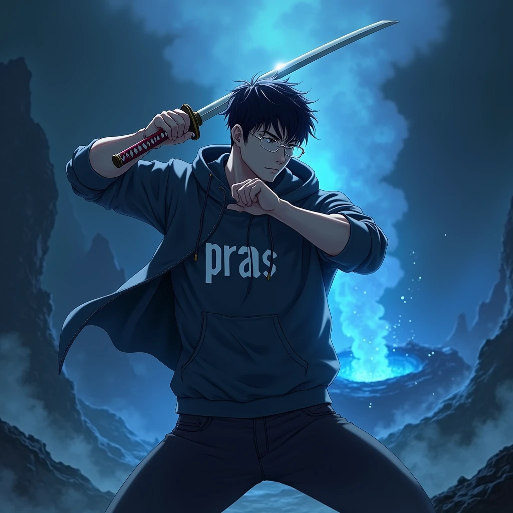 Create a character anime, {{background: text: “GLBK”, darkness vulcano blue}},
realistic, HDR, use glasses, handsome, korean style, full body, use katana, age 20, hoodie HD text: “PRAS”
