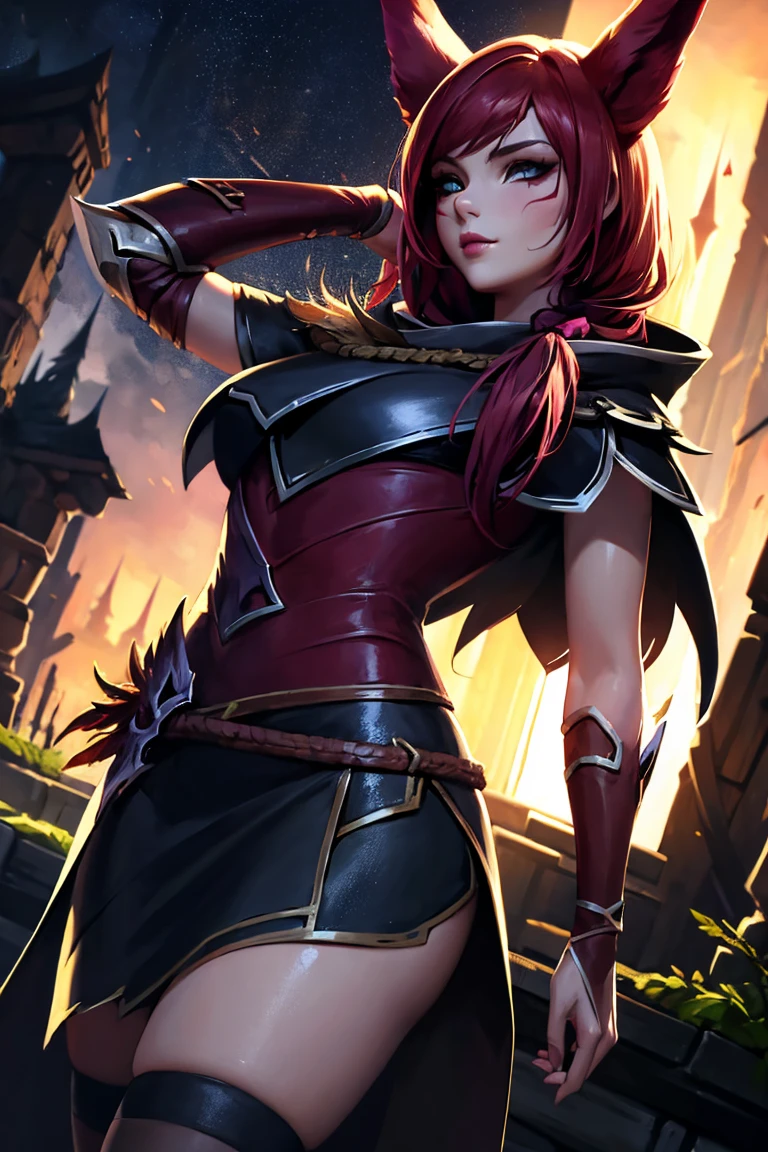 ((​masterpiece)), ((best quality)), 8k, detailed face, portrait, 1 girl, ( xayah (League of Legends 1.1)), hoodie, cape, sexy pose, pretty face, asymmetrical long hair, Red hair, belt, black stockings, Orange eyes, sweet grin, forest in the background, pose for the camera, looking down at viewer, Night City, rainy, Full view