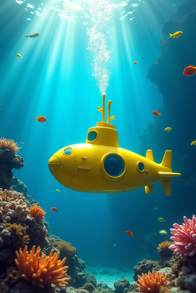 (Underwater photography:1.4) of a bright yellow submarine, (reminiscent of the Beatles' iconic vessel:1.3), submerged in clear blue ocean waters, (bubbles trailing from propellers:1.2), surrounded by colorful tropical fish and coral reefs, full body framing of the submarine, in a vibrant undersea setting with shafts of sunlight penetrating the water, (diffused aquatic lighting:1.3), shot from a slight low angle, captured on a high-end underwater camera system, (color saturation boost:1.2), (slight fisheye lens effect:1.2), (light caustics on submarine's surface:1.3), in the style of (David Doubilet:1.3) meets (Wes Anderson's color palette:1.2)