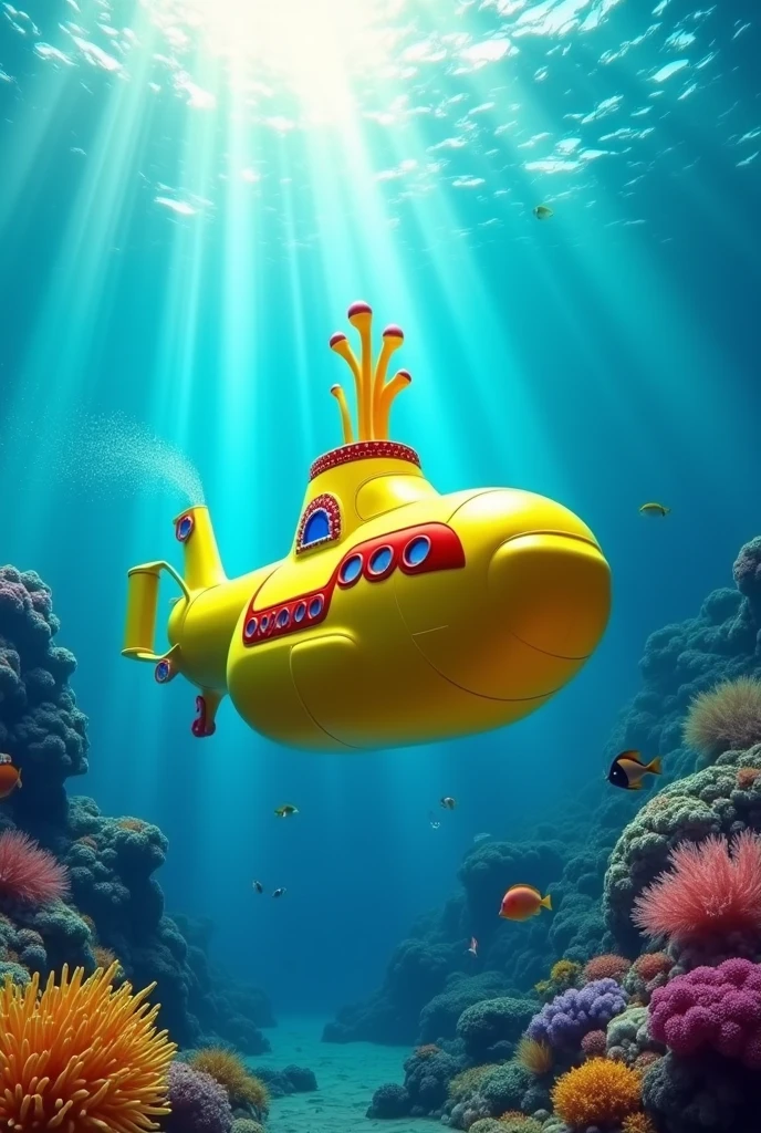 (Underwater photography:1.4) of a bright yellow submarine, (reminiscent of the Beatles' iconic vessel:1.3), submerged in clear blue ocean waters, (bubbles trailing from propellers:1.2), surrounded by colorful tropical fish and coral reefs, full body framing of the submarine, in a vibrant undersea setting with shafts of sunlight penetrating the water, (diffused aquatic lighting:1.3), shot from a slight low angle, captured on a high-end underwater camera system, (color saturation boost:1.2), (slight fisheye lens effect:1.2), (light caustics on submarine's surface:1.3), in the style of (David Doubilet:1.3) meets (Wes Anderson's color palette:1.2)