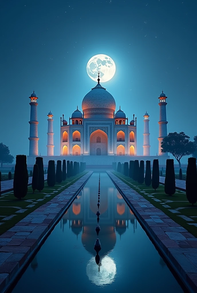 Taj Mahal under moonlight and with few stars above a realistic picture 