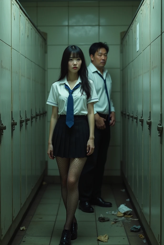 (A shabby and worn-out public restroom).Korean woman.korean beauty.Korean model.South Korean girl groups. She is wearing a tight white school uniform shirt, a blue tie, a black skirt, a short tight school uniform skirt, and black fishnet stockings that reach her thighs..
(Big hearted).(full body shot).(front shot).realistic.G-cup chest.
The pelvis is a supermodel. The shirt button is undone, revealing a black bra..(A middle-aged man stands next to a woman, unzipping his pants.).The woman looks at him with a puzzled expression.).There is trash on the floor..
