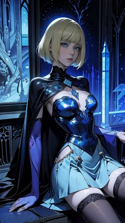 Harry Clarke, James Jean, Virgil Finlay, Edward Emshwiller, Wenceslaus Hollar, Surrealism, wonder, strange, bizarre, fantasy, Sci-fi, Japanese anime, shadow in the pale blue darkness, translucent nocturnal world, beautiful blonde miniskirt girl Alice in a street corner cafe, perfect voluminous body, detailed masterpiece