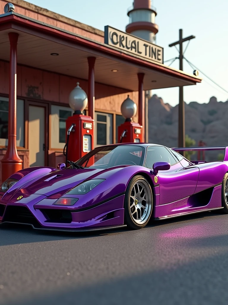 Fusion of purple lamborghini and Ferrari F-40 classic parked in front of a gas station, highly detailed hyper real retro, vehicle photography, car photography, automotive photography, octane ray tracing, photo realistic octane render, auto photography, detailed cinematic photography, classic cars, lamborghini diablo, Ferrari F-40,noctane cgsociety, wide body, photo, vibrant