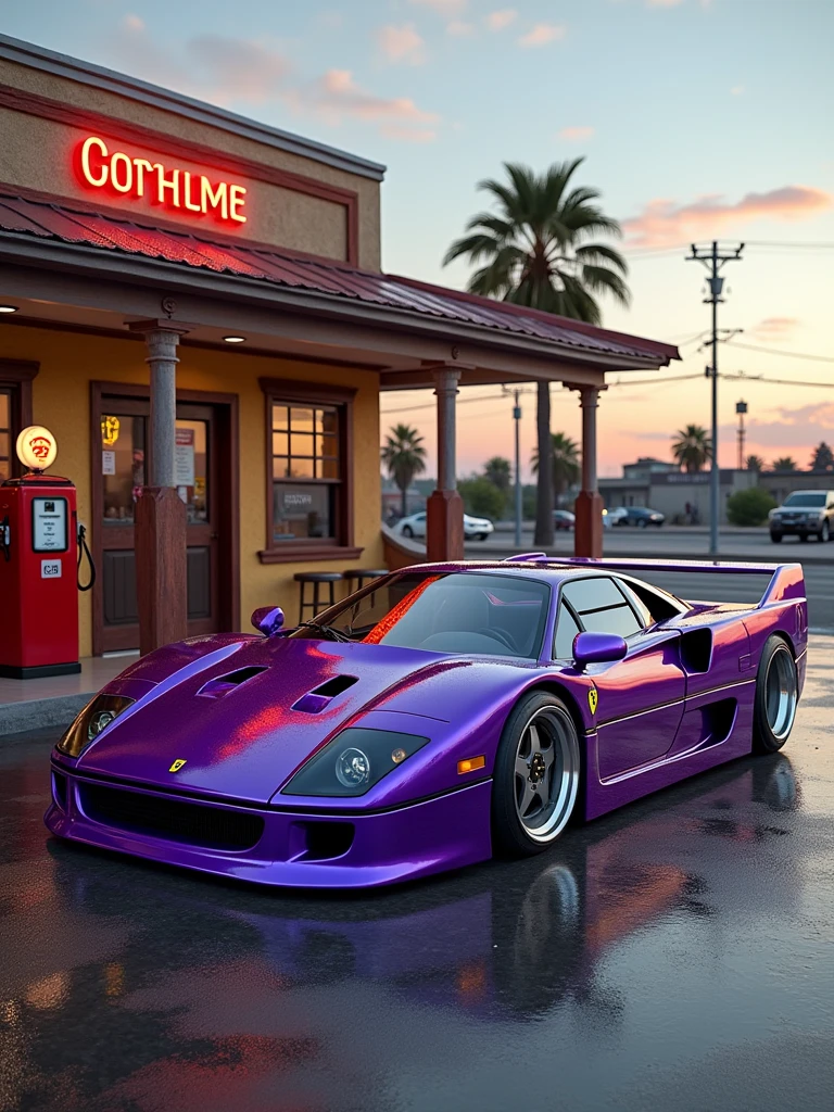 Fusion of purple lamborghini and Ferrari F-40 classic parked in front of a gas station, highly detailed hyper real retro, vehicle photography, car photography, automotive photography, octane ray tracing, photo realistic octane render, auto photography, detailed cinematic photography, classic cars, lamborghini diablo, Ferrari F-40,noctane cgsociety, wide body, photo, vibrant