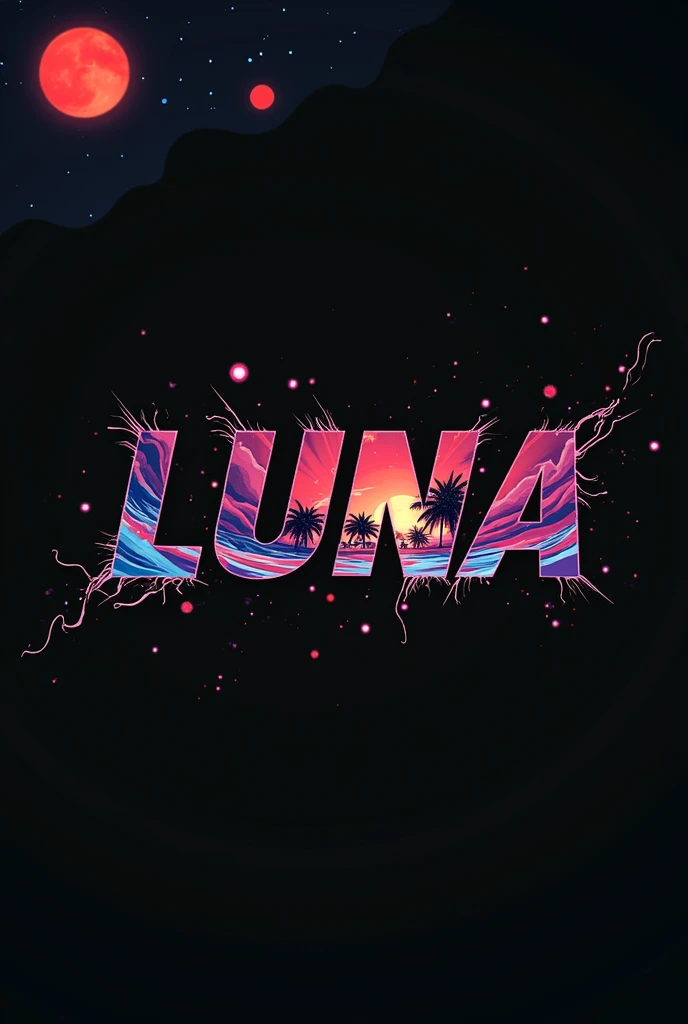 High resolution, logo spelling swiftly “Luna” cool, Jdm theme, anime theme, Cyberpunk vibe name spelling, brand logo, logo for tshirt, brand logo “LUNA”, neon vibes, acid trip vibes, acid trip, shooting stars, acid trip inside “LUNA”, acid trip, hallucinations inside “LUNA”, Waves of hallucinations, splash, waves of futuristic hallucinations, futuristic wave, stars in the background, red strange moon, waves of water and lone black trees,