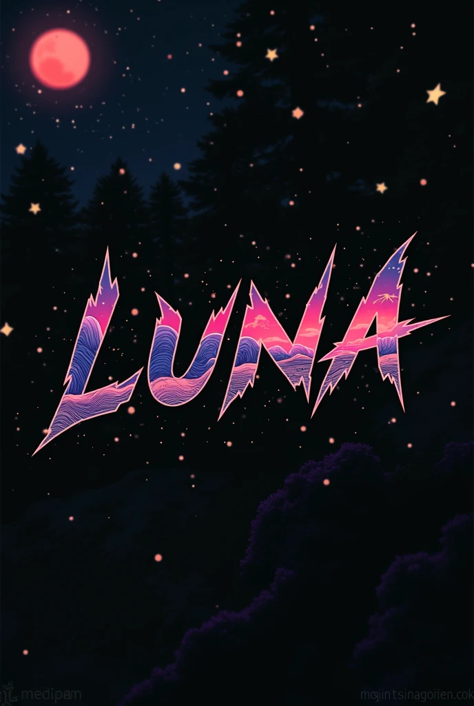 High resolution, logo spelling swiftly “Luna” cool, Jdm theme, anime theme, Cyberpunk vibe name spelling, brand logo, logo for tshirt, brand logo “LUNA”, neon vibes, acid trip vibes, acid trip, shooting stars, acid trip inside “LUNA”, acid trip, hallucinations inside “LUNA”, Waves of hallucinations, splash, waves of futuristic hallucinations, futuristic wave, stars in the background, red strange moon, waves of water and lone black trees, 