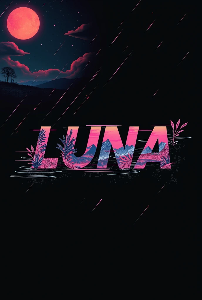 High resolution, logo spelling swiftly “Luna” cool, Jdm theme, anime theme, Cyberpunk vibe name spelling, brand logo, logo for tshirt, brand logo “LUNA”, neon vibes, acid trip vibes, acid trip, shooting stars, acid trip inside “LUNA”, acid trip, hallucinations inside “LUNA”, Waves of hallucinations, splash, waves of futuristic hallucinations, futuristic wave, stars in the background, red strange moon, waves of water and lone black trees,