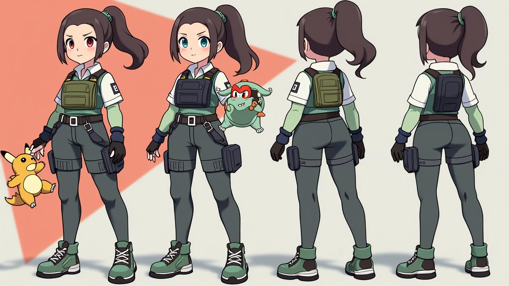 Sonia,pokemon,Standing Girl, cute, 1 girl, , 4-sided design, Diagonals, front, back, profile, Head to body ratio 5, character sheet, whole body, simple background, Four perspectives, tactical gear, bulletproof vest, Good quality, high detail, researcher,Pokemon bowser,ultra detailed, masterpiece, best quality, aesthetic, detailed