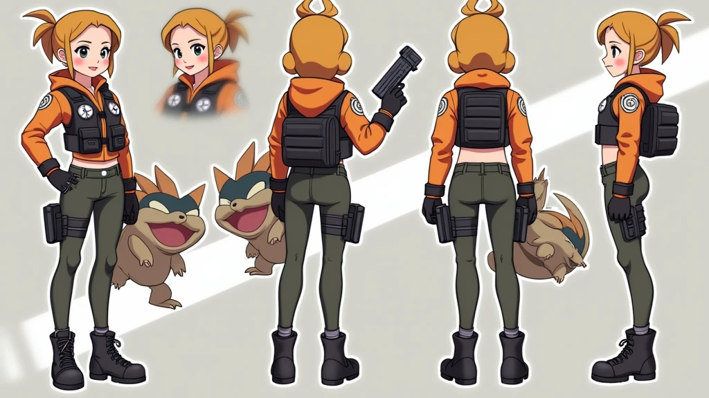 Sonia,pokemon,Standing Girl, cute, 1 girl, , 4-sided design, Diagonals, front, back, profile, Head to body ratio 5, character sheet, whole body, simple background, Four perspectives, tactical gear, bulletproof vest, Good quality, high detail, researcher,Pokemon bowser,ultra detailed, masterpiece, best quality, aesthetic, detailed