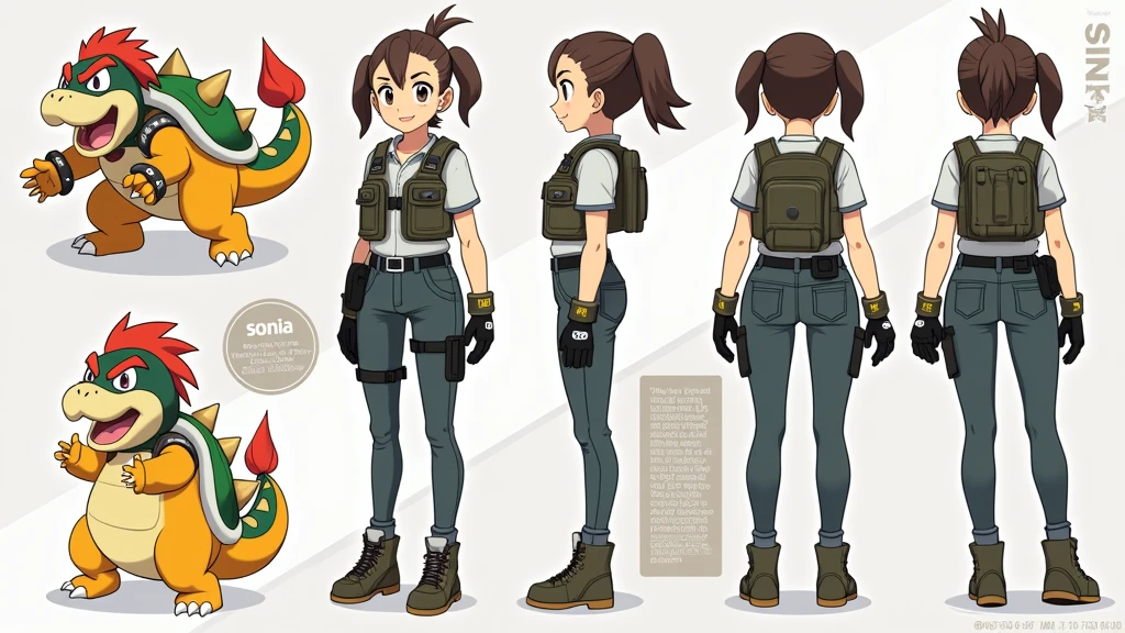 Sonia,pokemon,Standing Girl, cute, 1 girl, , 4-sided design, Diagonals, front, back, profile, Head to body ratio 5, character sheet, whole body, simple background, Four perspectives, tactical gear, bulletproof vest, Good quality, high detail, researcher,Pokemon bowser,ultra detailed, masterpiece, best quality, aesthetic, detailed