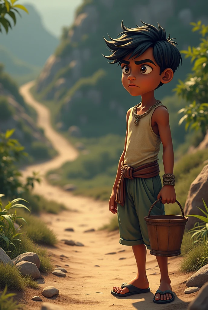 Kishan, with a cautious expression, looking at the bumpy path while holding a bucket, considering Raju's idea.