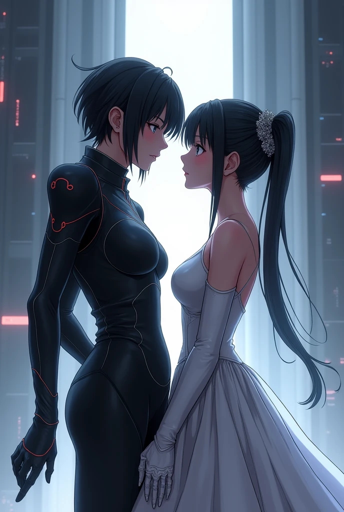 Sanakan and Cibo from Blame! Manga in a wedding dress), (sci-fi theme) suit black hair, dress striking silver hair, Futuristic atmosphere of the outfit A soft but bright light shines from above. Intimate and romantic atmosphere Highly detailed, exceptionally detailed, cinematic quality, emotionally charged scenes. Eyes staring at each other