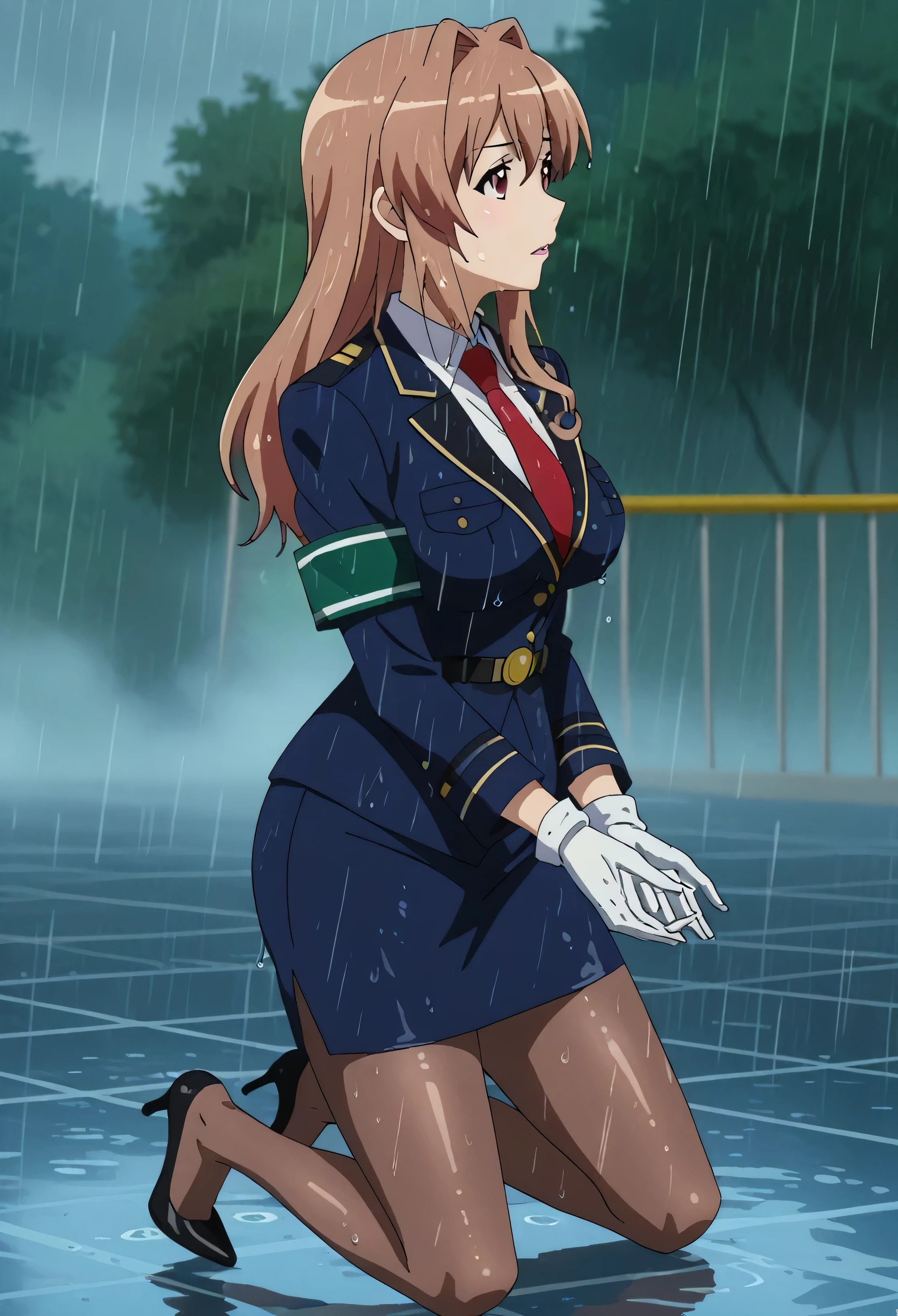 score_7_up, anime screencap,
1girl, solo, 
HarukaUniform, blue jacket, white shirt, red necktie, green armband, white gloves, pencil skirt, blue skirt, brown pantyhose, long sleeves, shiny clothing, thigh gap, cowboy shot, high heels, glossy clothing, drenched, soaked through
outside, raining, soaked, wet, wet clothing, pinup pose, sexy, water droplets, front side view, kneeling, 1 girl, smoke ,headless,