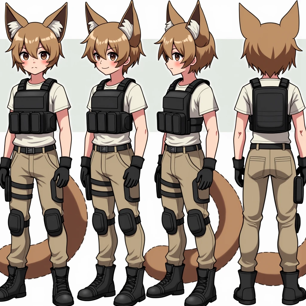 Standing boy, cute, 1 boy, , 4-sided design, Diagonals, front, back, profile, Head to body ratio 5, character sheet, whole body, simple background, Four perspectives, tactical gear, bulletproof vest, Good quality, high detail, Puppy Suin