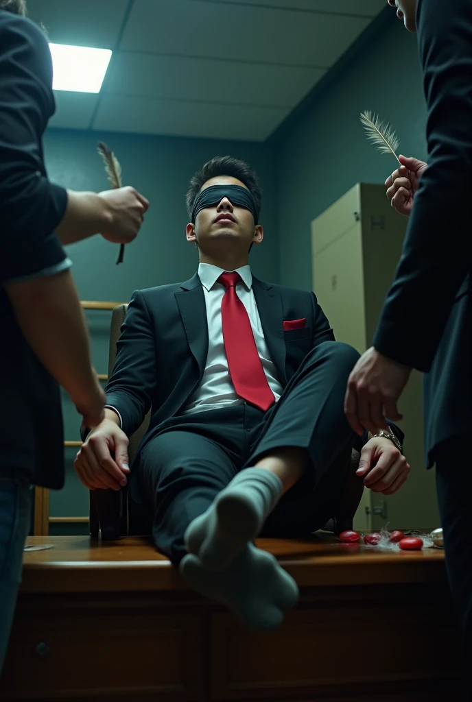 Malaysia malay handsome 21 years celebrity
His hand tied up  in warehouse 
Blindfolded
Black Suit and Red tie
feet on desk
feather
shoes on desk 
5 toes each feet 
Grey sock
Smock effect smelly sock
1 man sniff one of  his sock
1 man holding feather duster tickle hia feet
He laugh very hard
