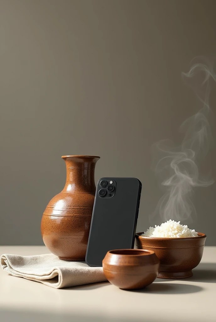 Cambodian vase, cloth, bowl of rice, iPhone, 
