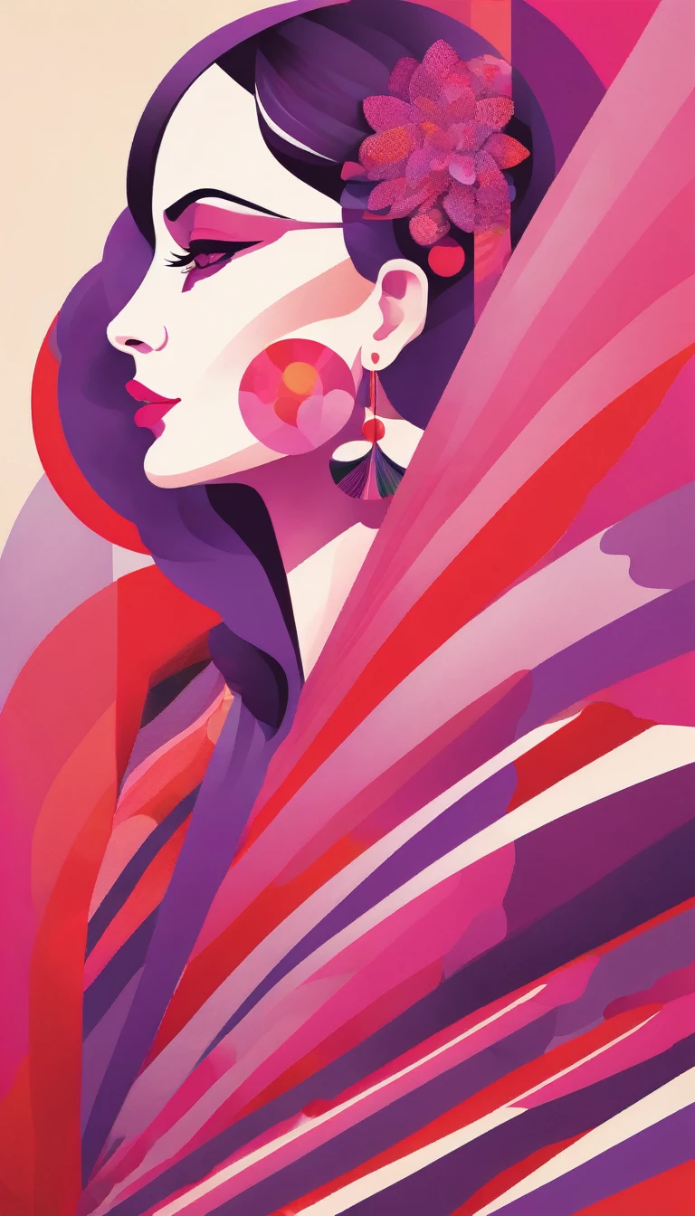 A stylized illustration of a Woman, with layers of color, in shades of pink and purple, set against a vibrant background with bold red lines that create dynamic patterns around the petal edges. The overall feel is playful yet sophisticated, suitable for modern art prints or digital illustrations. In the style of a children's book illustrator or warfare artist 