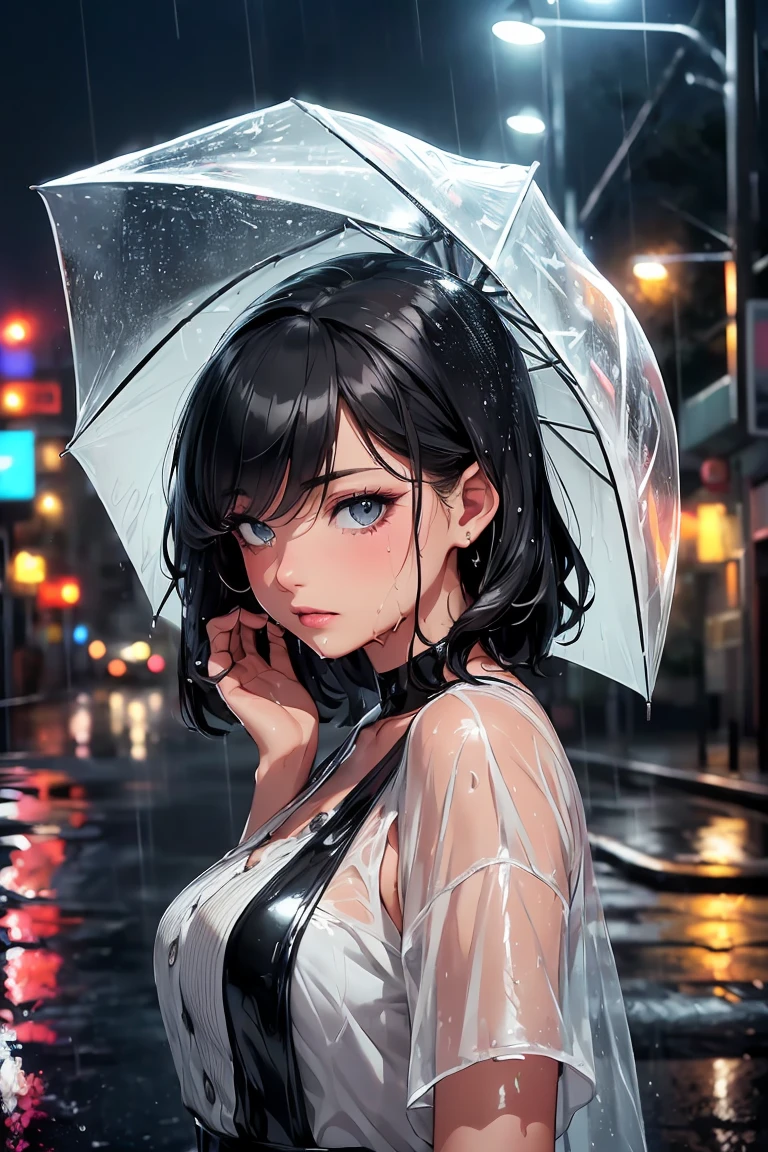 (8 K, RAW photo, 最high quality, masterpiece:1.2), High-definition RAW color photo, Professional photoshoot, cinematic light, One, (((young woman))), (verbose expression), (Round eyes), (small face), (highly detailed skin:1.2), clavicle, cute face, beautiful appearance, long eyelashes, (black hair, short hair, Black eye), (slim body shape:1.4), very detailed顔と肌の質感, fine eyes, double eyelid, ((gloomy and gloomy, stormy weather, stand without an umbrella:1.5, A woman soaking wet, wet and disheveled hair, Lonely neon light, reflective puddle, cityscape, shower, soft shine, street, Blurred light, blurry atmosphere, dramatic shadow, wet pavement, sparkling reflections, , Night view of the city, wet hair, silhouette, flickering street lights, raindrop, gloomy atmosphere)), beautiful skin, Shiny skin, perfect fingers, five fingers, Anatomically correct, background bokeh, high quality, Surreal, bright colors, ((NIKON, 135㎜, f/1.8, very detailed, photoshoot)),