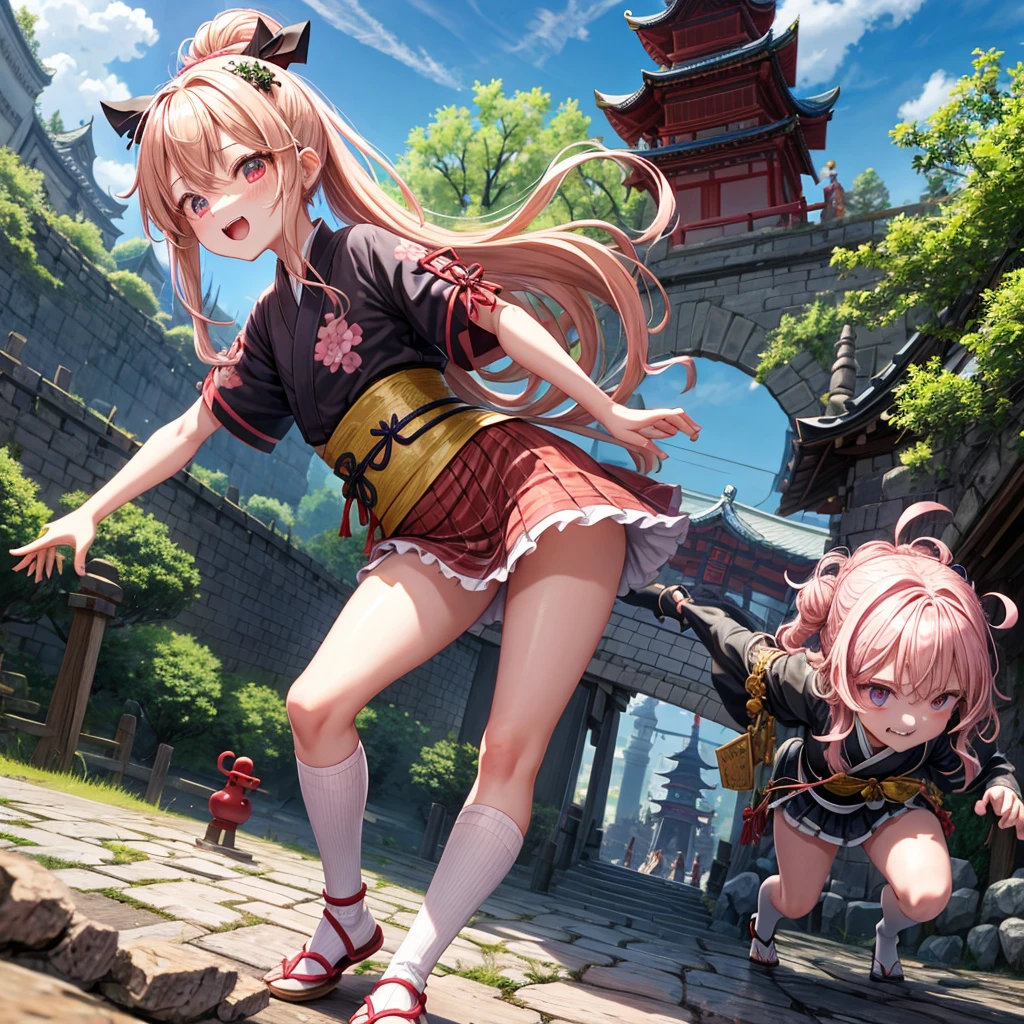 Pink Blonde、Red eyes、Wavy Hair、Hair tied up、Two cute、Checked mini skirt、black t-shirts、kimono、China、Frills、Knee-high socks、Teeth are visible、Monster Castle、Tilting face、grass、Stones are growing out of the ground.、In front of the city gates、Underground tunnels、Wooden bridge、The stone is cracked、Ashura Statue、Giant wood、Round、There is a step on the ground