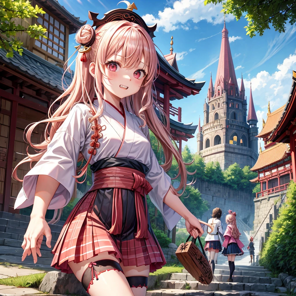 Pink Blonde、Red eyes、Wavy Hair、Hair tied up、Two cute、Checked mini skirt、black t-shirts、kimono、China、Frills、Knee-high socks、Teeth are visible、Monster Castle、Tilting face、grass、Stones are growing out of the ground.、In front of the city gates、Underground tunnels、Wooden bridge、The stone is cracked、Ashura Statue、Giant wood、Round、There is a step on the ground
