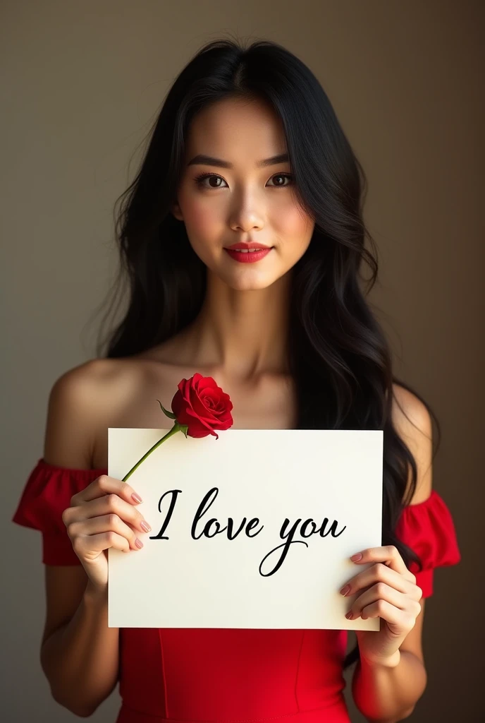 Beautiful girl with dark black long hair, red long dress, holding a white board in right hand with text "I Love you  and showing it to the viewer and in left hand a beautiful red rose 